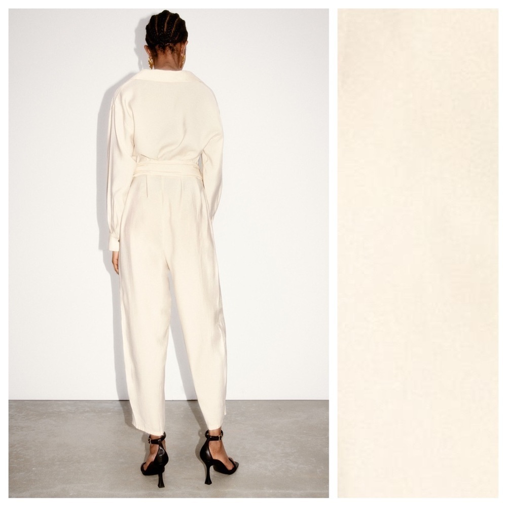 NWT. Zara Cream Modal Blend Double-Breasted Jumpsuit with Gold Buckle. Size L. - Picture 5 of 10